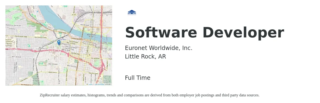 Euronet Worldwide, Inc. job posting for a Software Developer in Little Rock, AR with a salary of $86,300 to $124,700 Yearly with a map of Little Rock location.