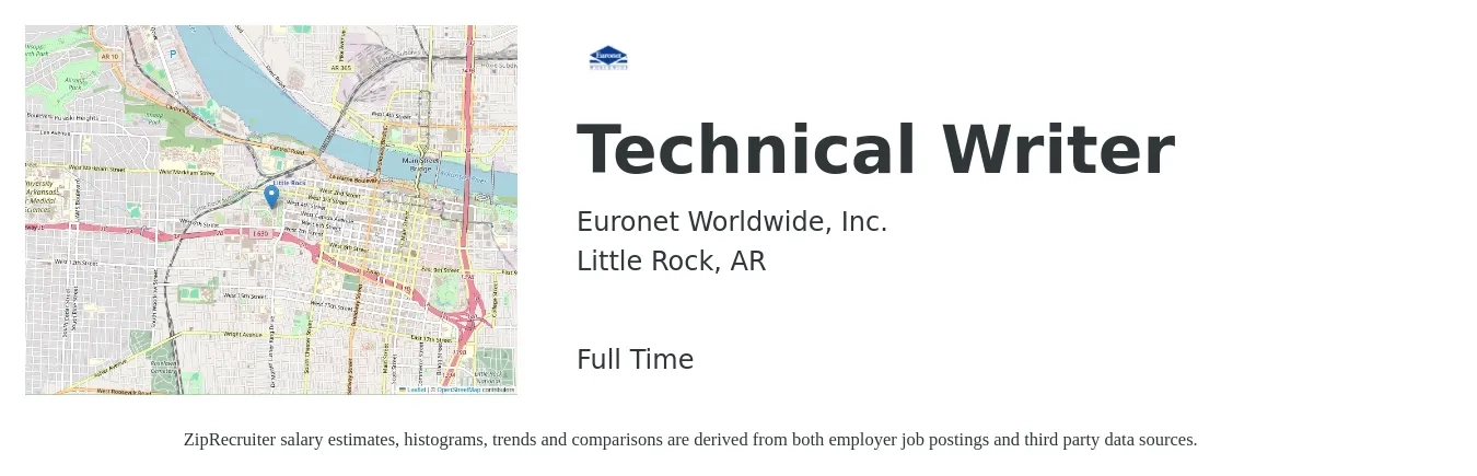 Euronet Worldwide, Inc. job posting for a Technical Writer in Little Rock, AR with a salary of $29 to $47 Hourly with a map of Little Rock location.