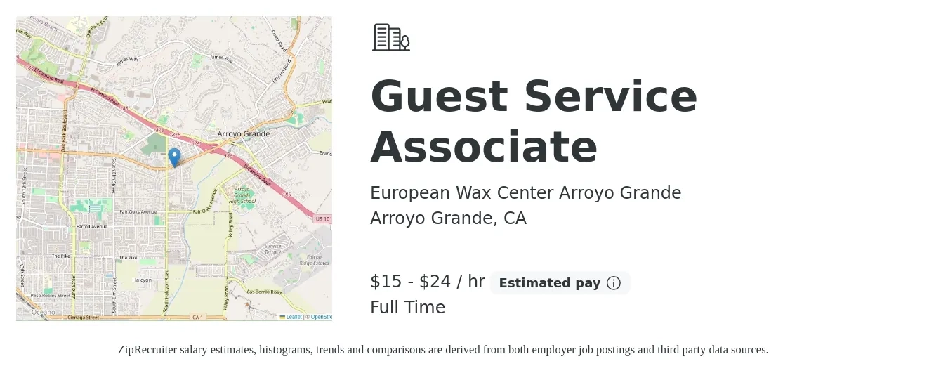 European Wax Center Arroyo Grande job posting for a Guest Service Associate in Arroyo Grande, CA with a salary of $16 to $25 Hourly with a map of Arroyo Grande location.