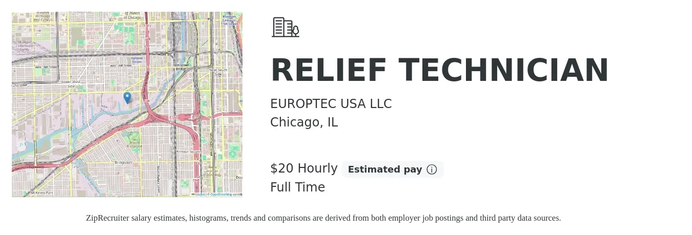 EUROPTEC USA LLC job posting for a RELIEF TECHNICIAN in Chicago, IL with a salary of $22 Hourly with a map of Chicago location.