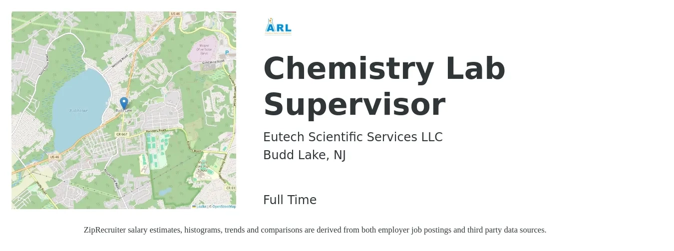 Eutech Scientific Services LLC job posting for a Chemistry Lab Supervisor in Budd Lake, NJ with a salary of $65,000 to $75,000 Yearly with a map of Budd Lake location.