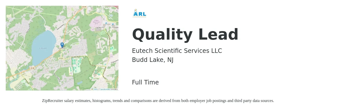 Eutech Scientific Services LLC job posting for a Quality Lead in Budd Lake, NJ with a salary of $68,000 to $78,000 Yearly with a map of Budd Lake location.