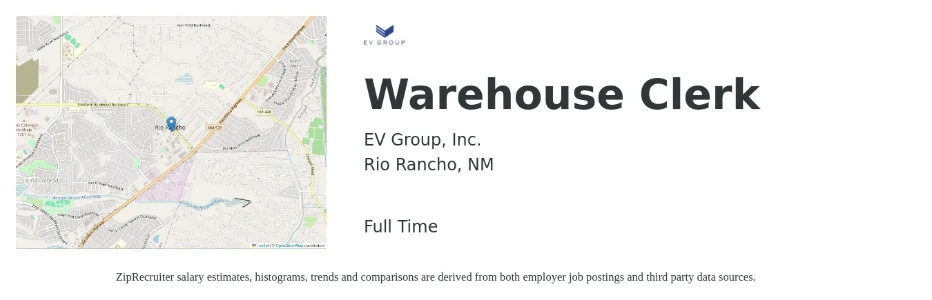 EV Group, Inc. job posting for a Warehouse Clerk in Rio Rancho, NM with a salary of $15 to $18 Hourly with a map of Rio Rancho location.