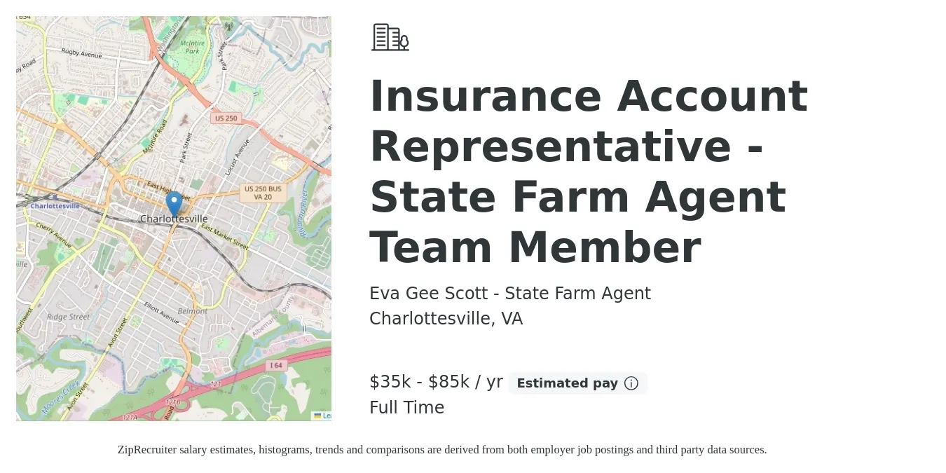 Eva Gee Scott - State Farm Agent job posting for a Insurance Account Representative - State Farm Agent Team Member in Charlottesville, VA with a salary of $35,000 to $85,000 Yearly with a map of Charlottesville location.