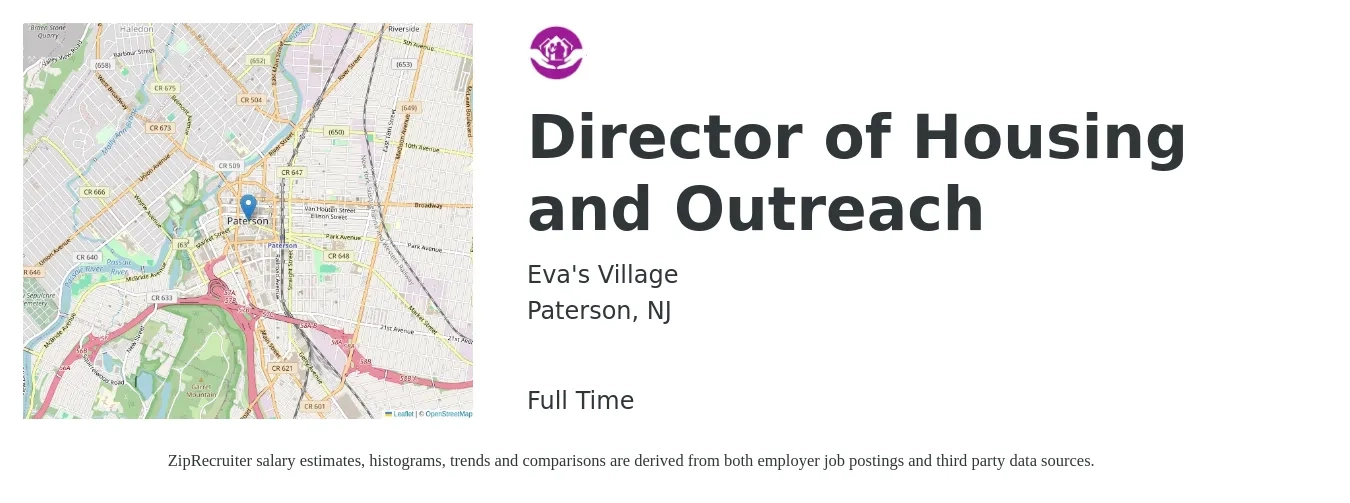 Eva's Village job posting for a Director of Housing and Outreach in Paterson, NJ with a salary of $74,300 to $120,200 Yearly with a map of Paterson location.