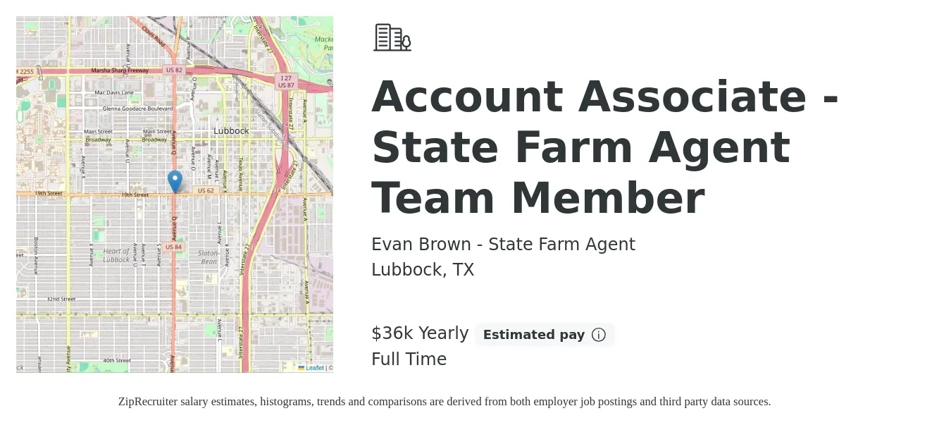 Evan Brown - State Farm Agent job posting for a Account Associate - State Farm Agent Team Member in Lubbock, TX with a salary of $36,000 Yearly with a map of Lubbock location.