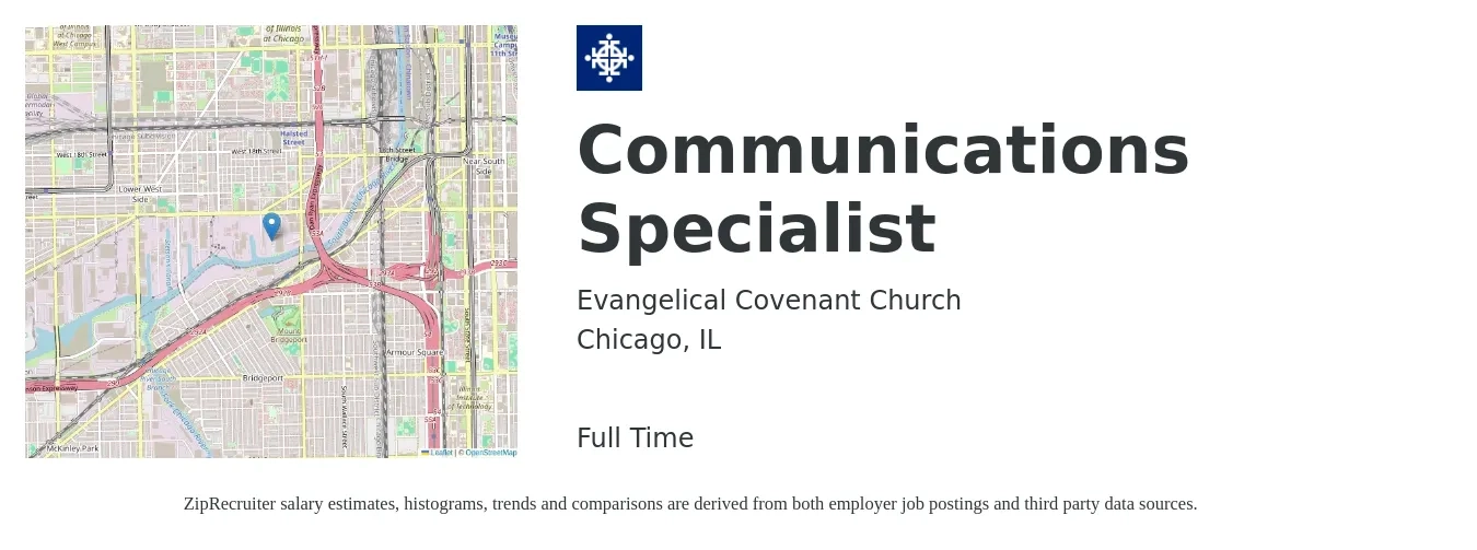 Evangelical Covenant Church job posting for a Communications Specialist in Chicago, IL with a salary of $55,200 to $73,200 Yearly with a map of Chicago location.