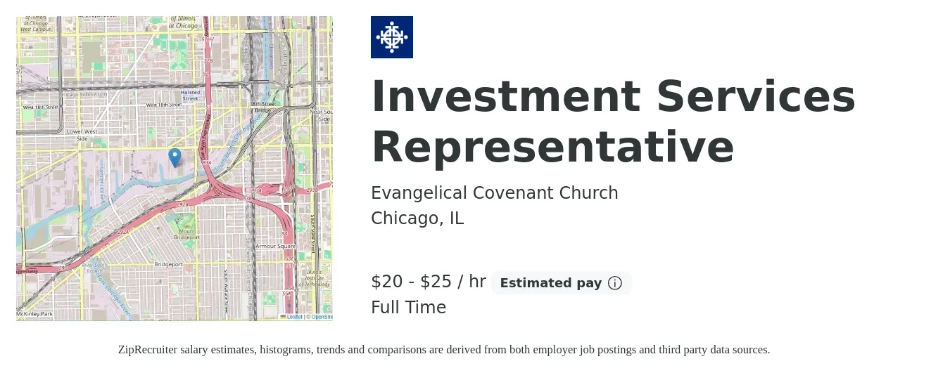 Evangelical Covenant Church job posting for a Investment Services Representative in Chicago, IL with a salary of $22 to $26 Hourly with a map of Chicago location.