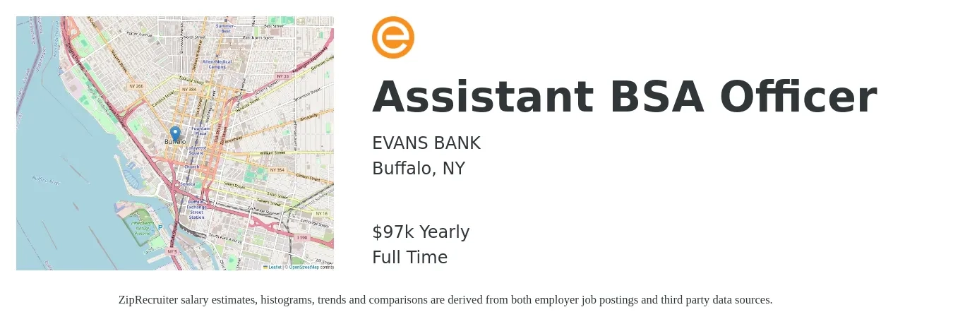EVANS BANK job posting for a Assistant BSA Officer in Buffalo, NY with a salary of $97,084 Yearly with a map of Buffalo location.