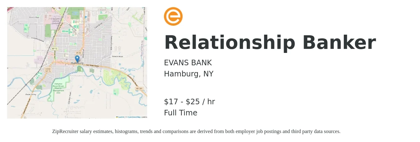 EVANS BANK job posting for a Relationship Banker in Hamburg, NY with a salary of $18 to $27 Hourly with a map of Hamburg location.