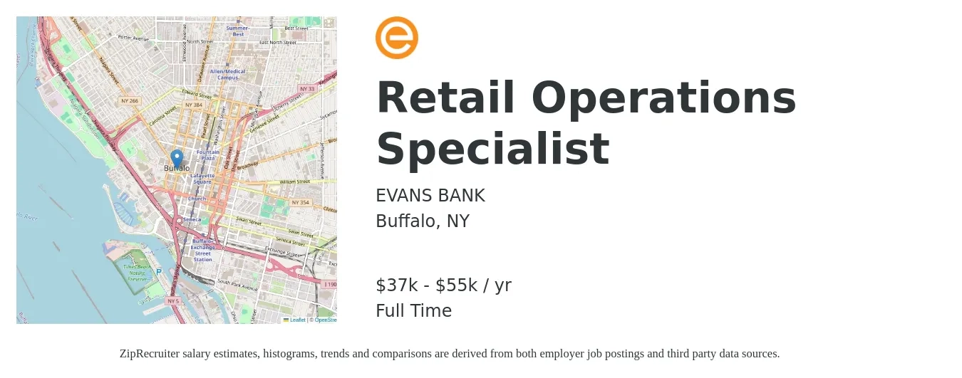 EVANS BANK job posting for a Retail Operations Specialist in Buffalo, NY with a salary of $37,846 to $55,618 Yearly with a map of Buffalo location.