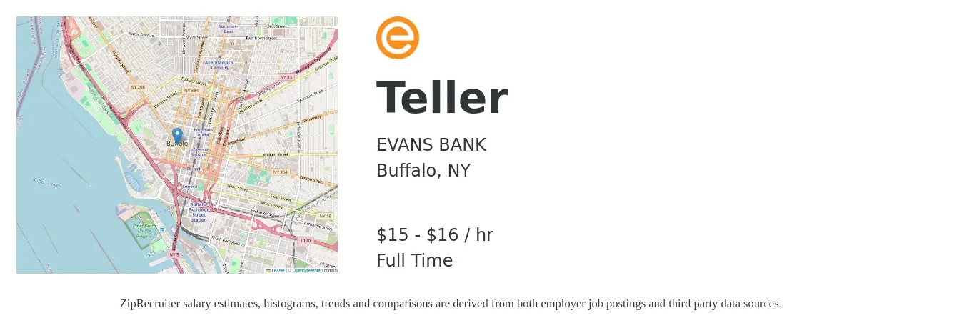 EVANS BANK job posting for a Teller in Buffalo, NY with a salary of $16 to $18 Hourly with a map of Buffalo location.