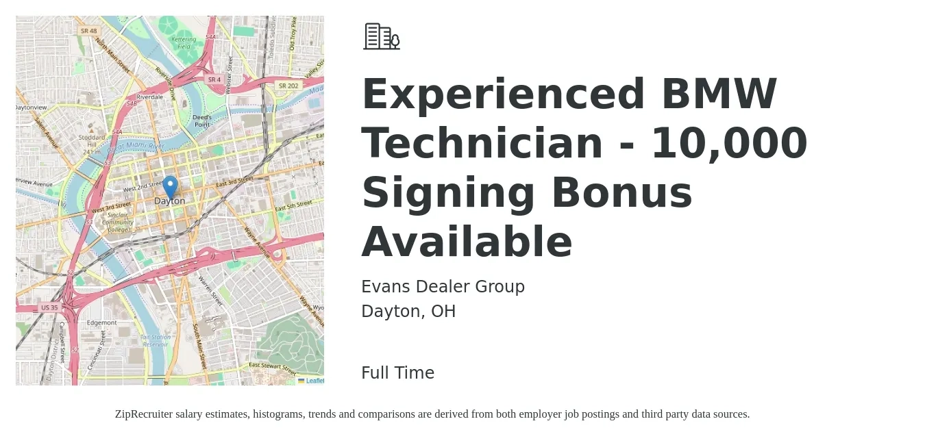 Evans Dealer Group job posting for a Experienced BMW Technician - 10,000 Signing Bonus Available in Dayton, OH with a salary of $40,800 to $61,200 Yearly with a map of Dayton location.