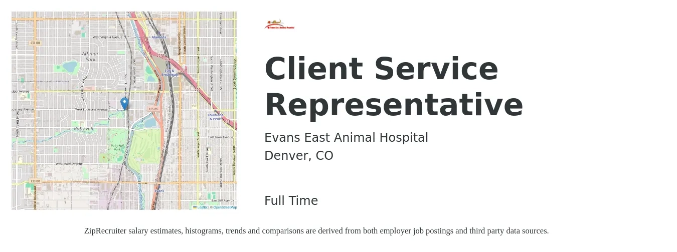 Evans East Animal Hospital job posting for a Client Service Representative in Denver, CO with a salary of $19 to $21 Hourly with a map of Denver location.