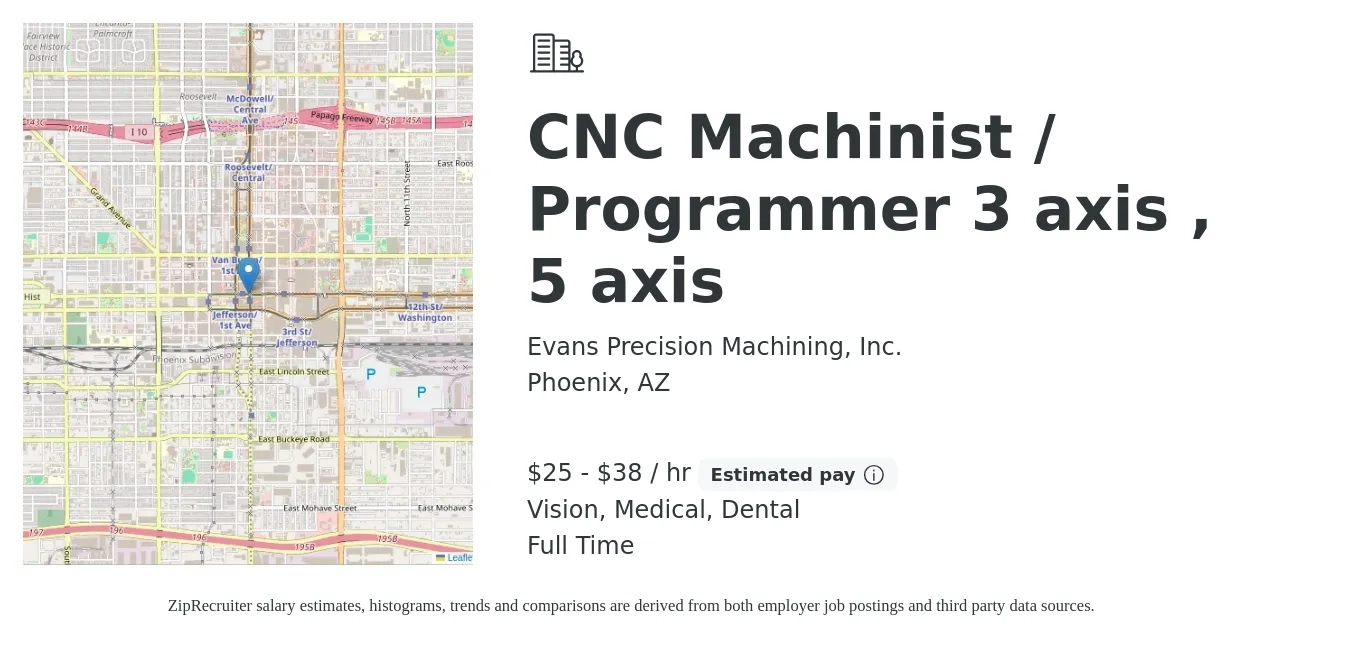 Evans Precision Machining, Inc. job posting for a CNC Machinist / Programmer 3 axis , 5 axis in Phoenix, AZ with a salary of $27 to $40 Hourly and benefits including medical, pto, vision, and dental with a map of Phoenix location.