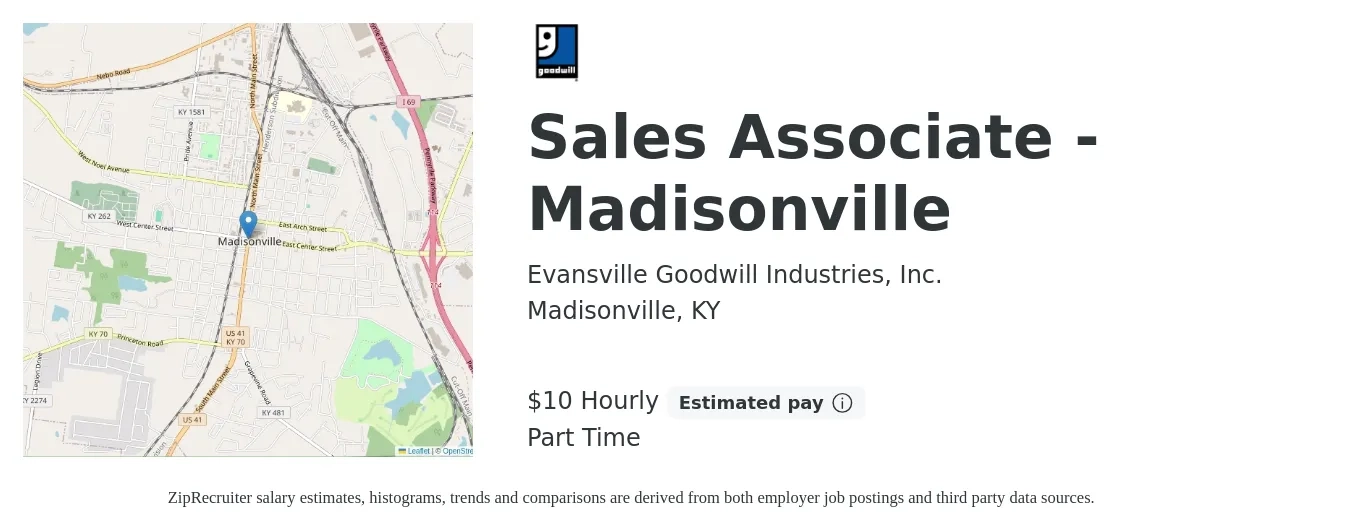 Evansville Goodwill Industries, Inc. job posting for a Sales Associate - Madisonville in Madisonville, KY with a salary of $11 Hourly with a map of Madisonville location.