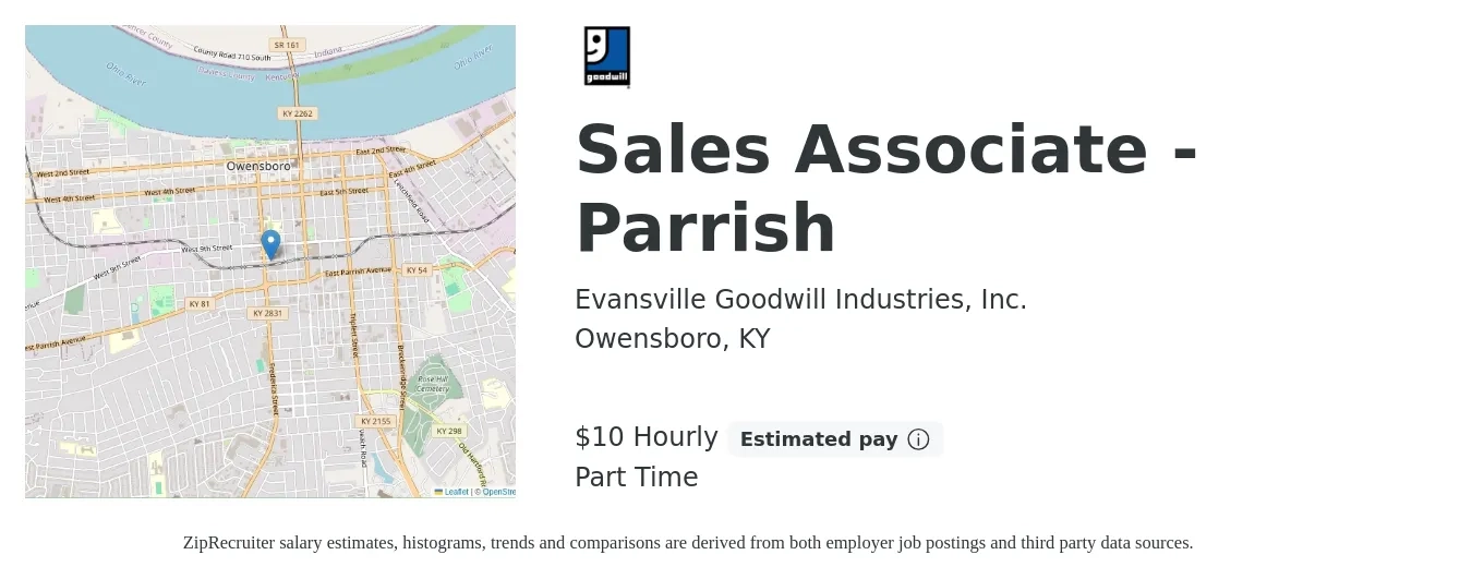 Evansville Goodwill Industries, Inc. job posting for a Sales Associate - Parrish in Owensboro, KY with a salary of $11 Hourly with a map of Owensboro location.