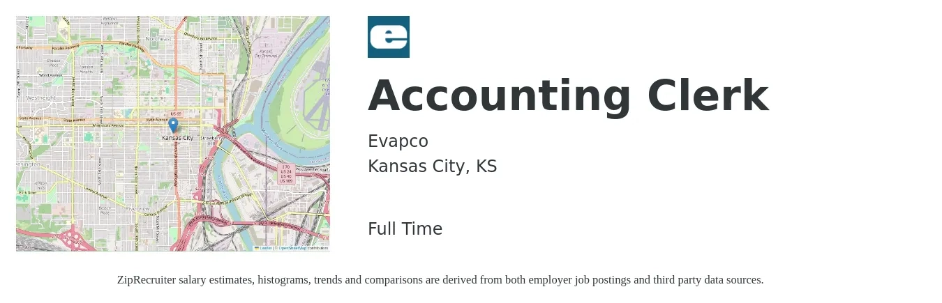 Evapco job posting for a Accounting Clerk in Kansas City, KS with a salary of $18 to $23 Hourly with a map of Kansas City location.