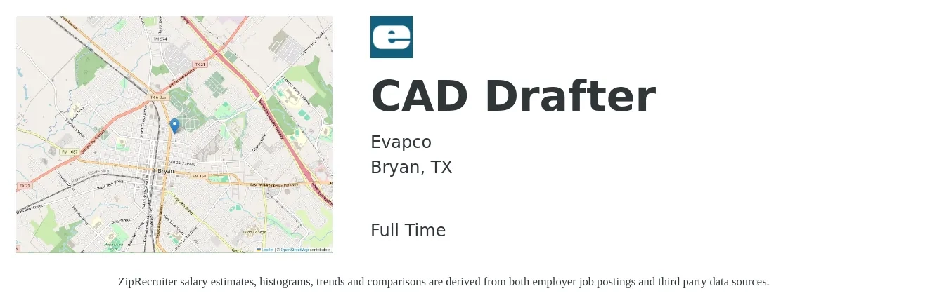 Evapco job posting for a CAD Drafter in Bryan, TX with a salary of $21 to $28 Hourly with a map of Bryan location.