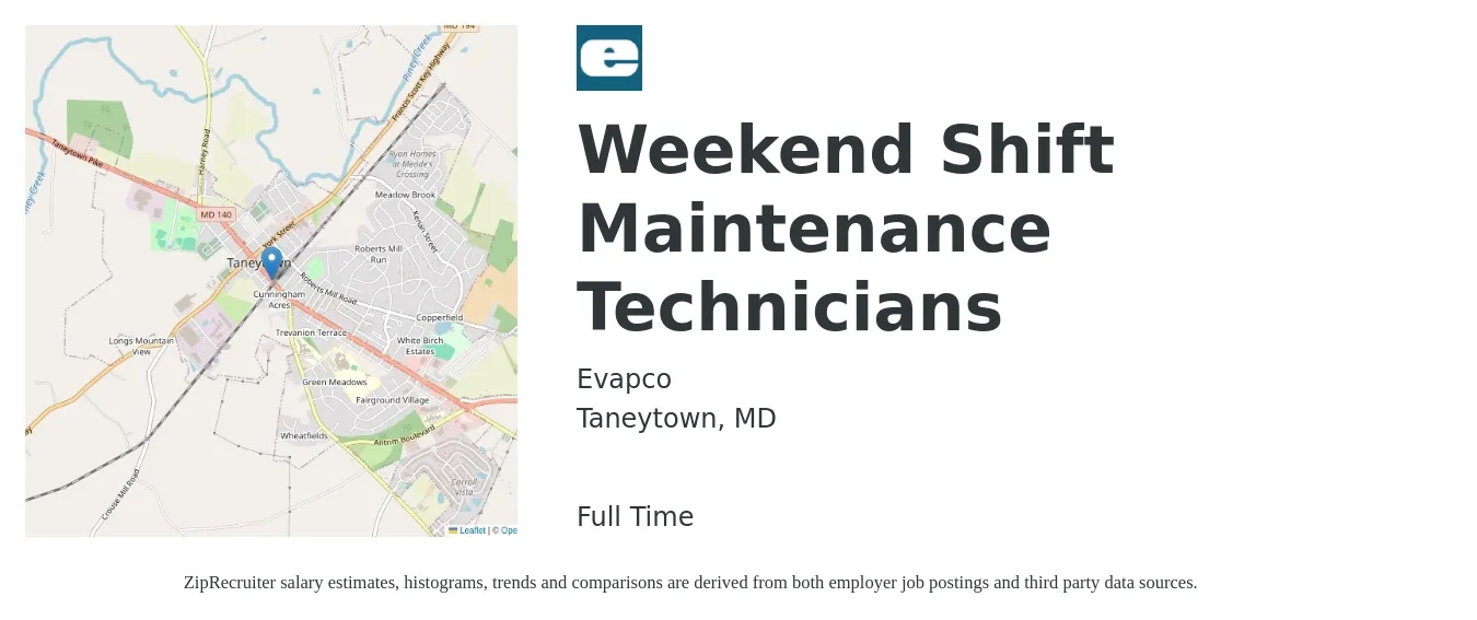 Evapco job posting for a Weekend Shift Maintenance Technicians in Taneytown, MD with a salary of $19 to $26 Hourly with a map of Taneytown location.