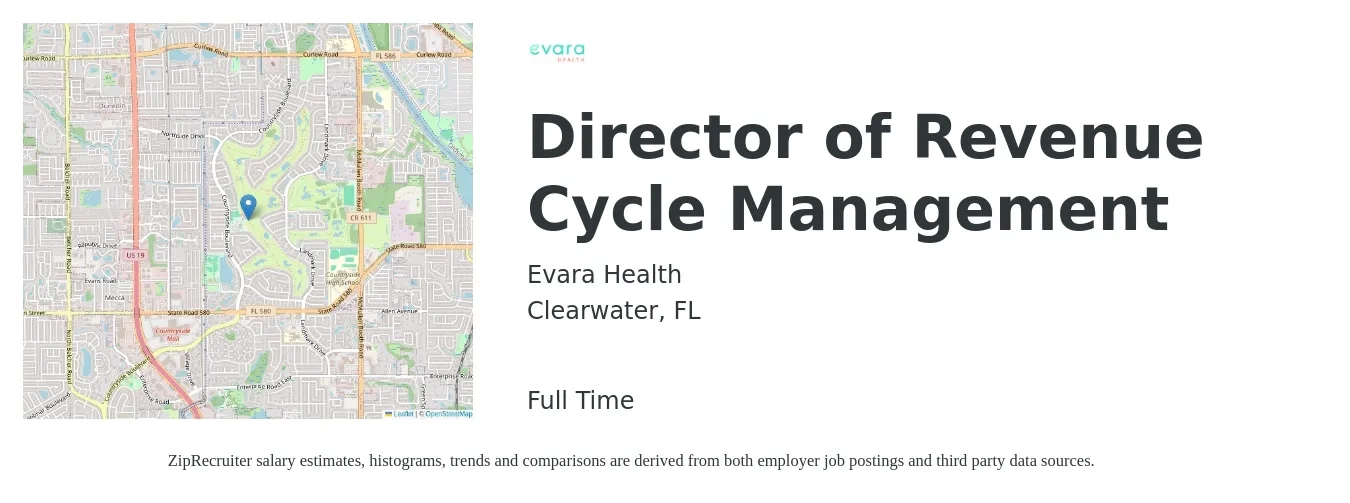 Evara Health job posting for a Director of Revenue Cycle Management in Clearwater, FL with a salary of $76,800 to $132,400 Yearly with a map of Clearwater location.