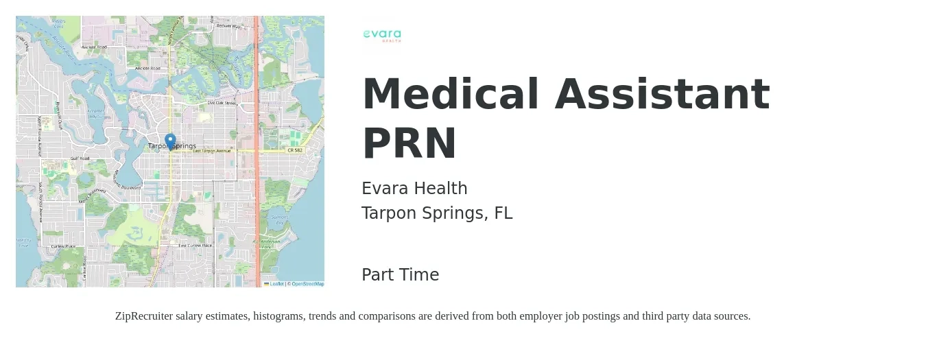 Evara Health job posting for a Medical Assistant PRN in Tarpon Springs, FL with a salary of $17 to $17 Hourly with a map of Tarpon Springs location.