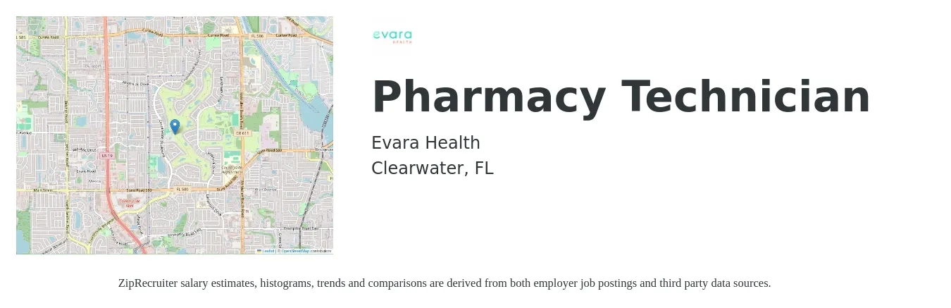 Evara Health job posting for a Pharmacy Technician in Clearwater, FL with a salary of $16 to $20 Hourly with a map of Clearwater location.