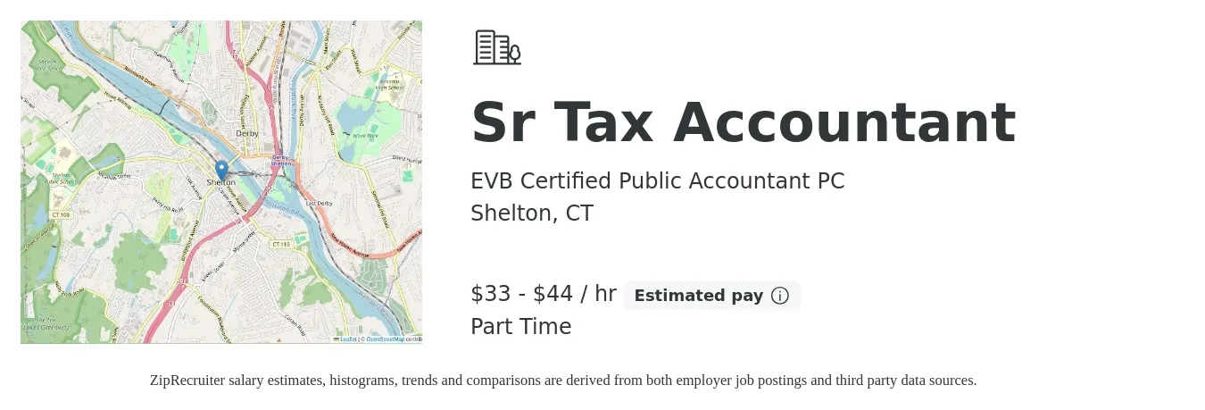 EVB Certified Public Accountant PC job posting for a Sr Tax Accountant in Shelton, CT with a salary of $35 to $46 Hourly and benefits including retirement with a map of Shelton location.