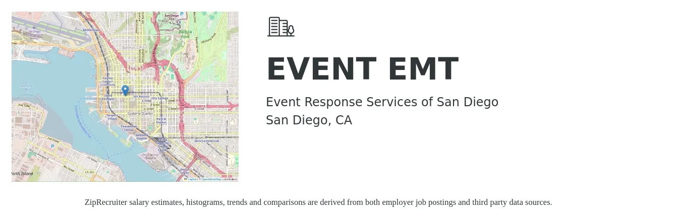 Event Response Services of San Diego job posting for a EVENT EMT in San Diego, CA with a salary of $19 to $25 Hourly with a map of San Diego location.