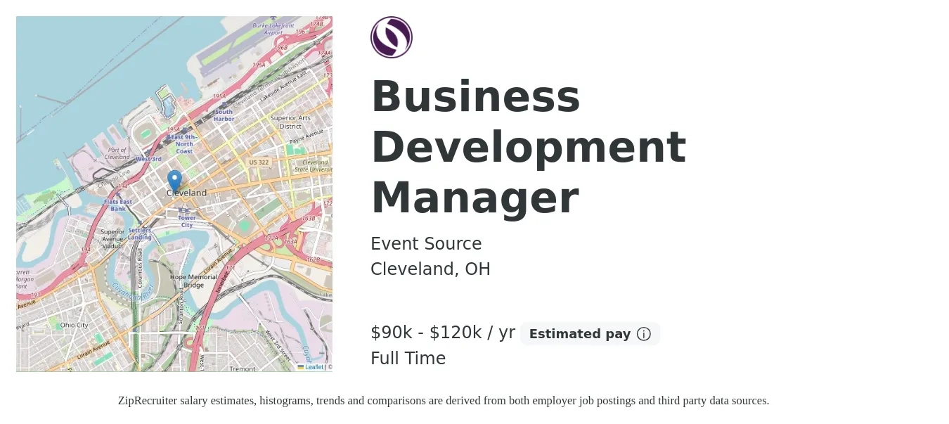 Event Source job posting for a Business Development Manager in Cleveland, OH with a salary of $90,000 to $120,000 Yearly with a map of Cleveland location.