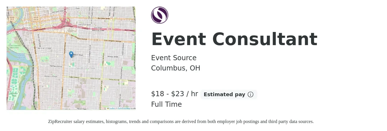 Event Source job posting for a Event Consultant in Columbus, OH with a salary of $19 to $24 Hourly with a map of Columbus location.