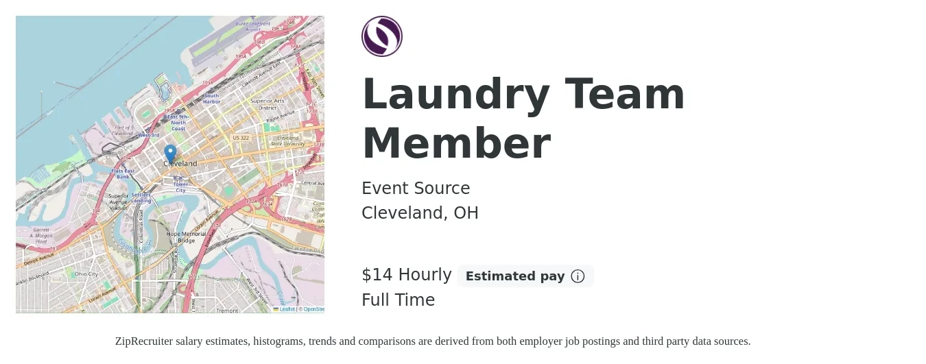 Event Source job posting for a Laundry Team Member in Cleveland, OH with a salary of $15 Hourly with a map of Cleveland location.