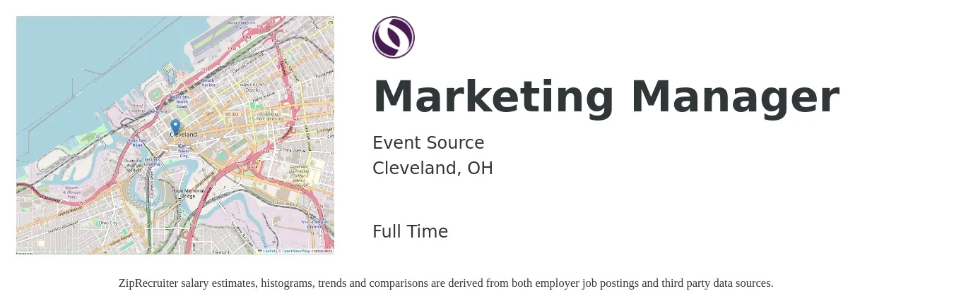 Event Source job posting for a Marketing Manager in Cleveland, OH with a salary of $58,200 to $95,100 Yearly with a map of Cleveland location.