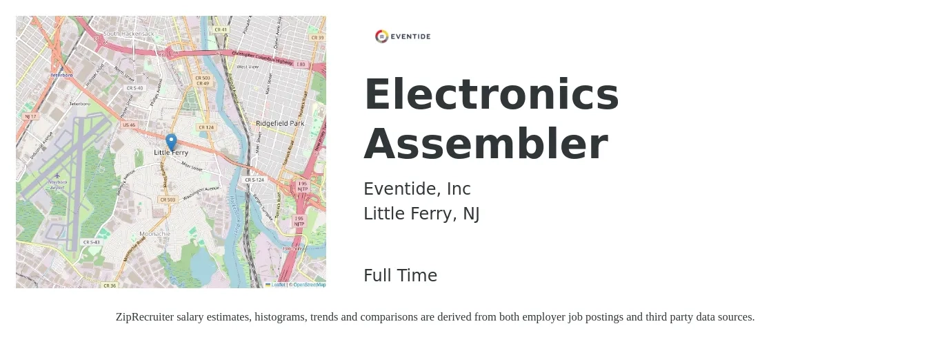 Eventide, Inc job posting for a Electronics Assembler in Little Ferry, NJ with a salary of $19 to $24 Hourly with a map of Little Ferry location.