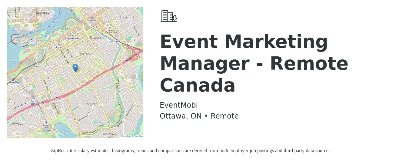 EventMobi job posting for a Event Marketing Manager - Remote Canada in Ottawa, ON with a salary of $80,000 to $110,000 Yearly with a map of Ottawa location.