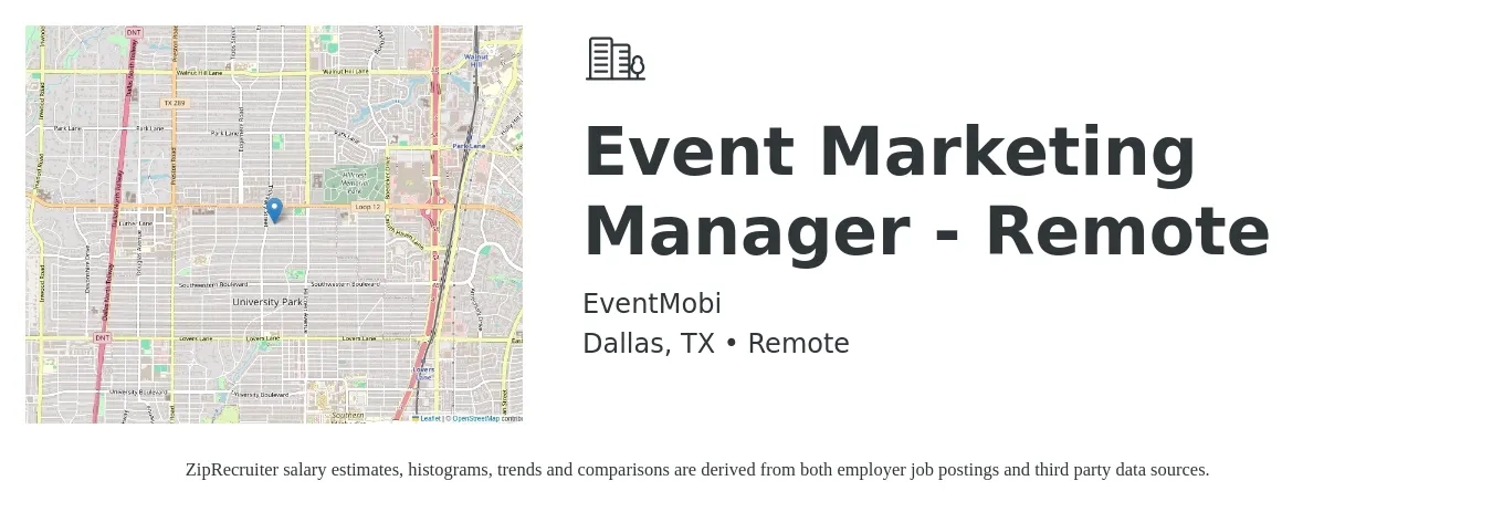 EventMobi job posting for a Event Marketing Manager - Remote in Dallas, TX with a salary of $70,000 to $90,000 Yearly with a map of Dallas location.