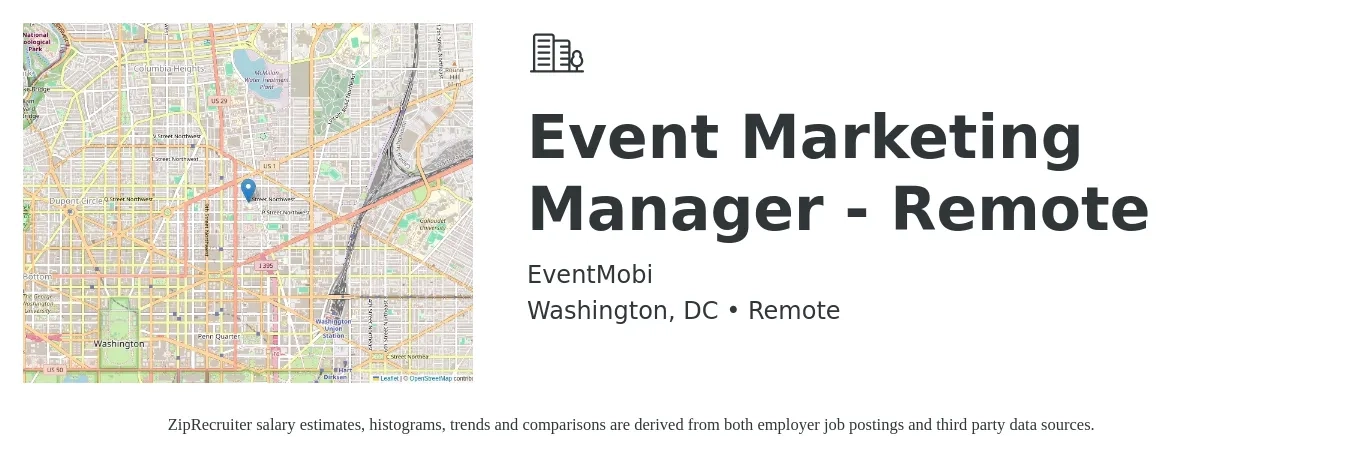 EventMobi job posting for a Event Marketing Manager - Remote in Washington, DC with a salary of $70,000 to $90,000 Yearly with a map of Washington location.