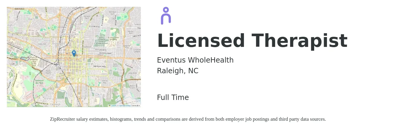 Eventus WholeHealth job posting for a Licensed Therapist in Raleigh, NC with a salary of $31 to $48 Hourly with a map of Raleigh location.