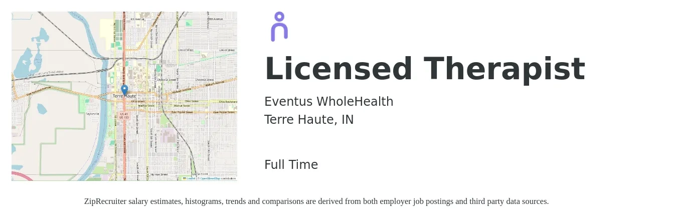 Eventus WholeHealth job posting for a Licensed Therapist in Terre Haute, IN with a salary of $30 to $48 Hourly with a map of Terre Haute location.