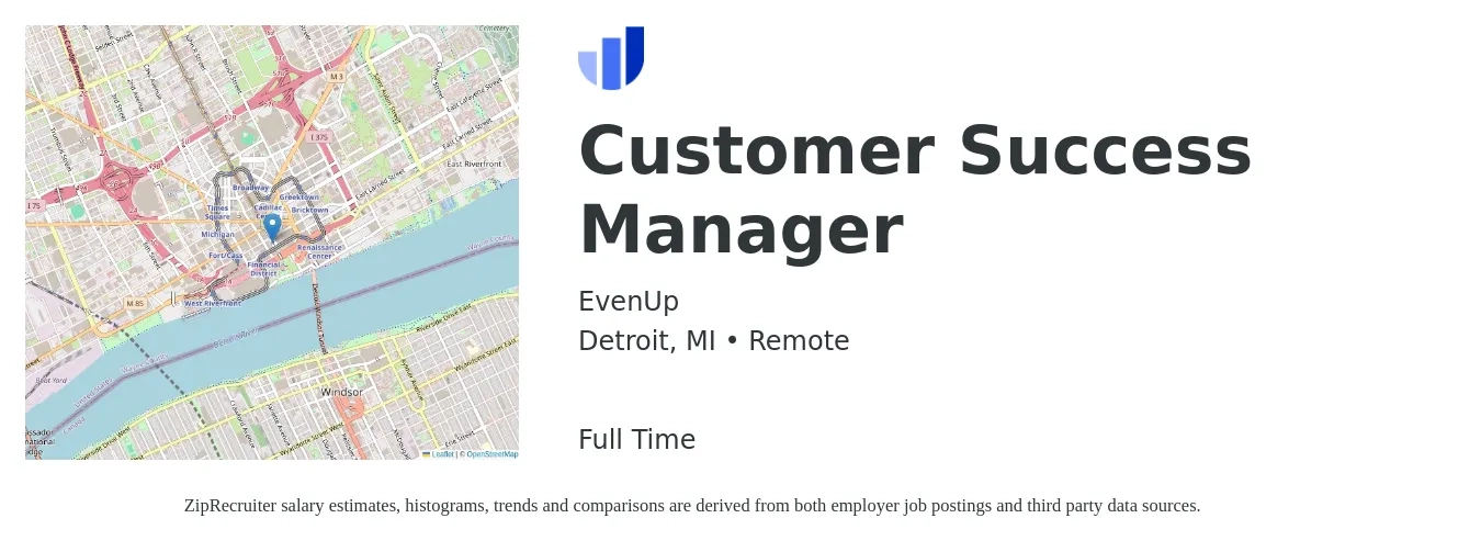 EvenUp job posting for a Customer Success Manager in Detroit, MI with a salary of $58,900 to $98,000 Yearly with a map of Detroit location.