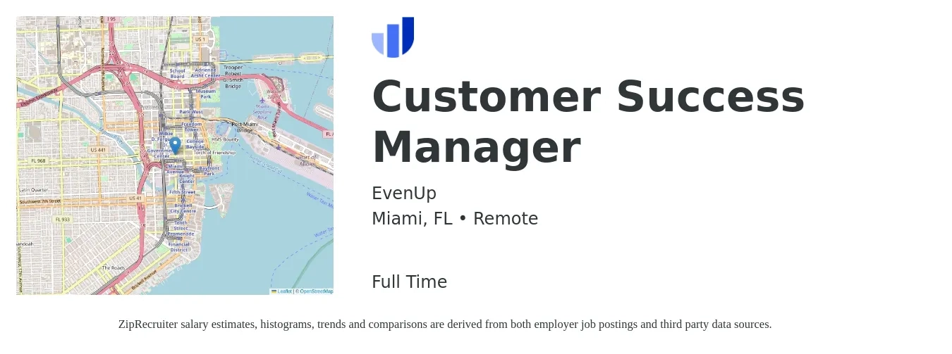 EvenUp job posting for a Customer Success Manager in Miami, FL with a salary of $56,900 to $94,700 Yearly with a map of Miami location.