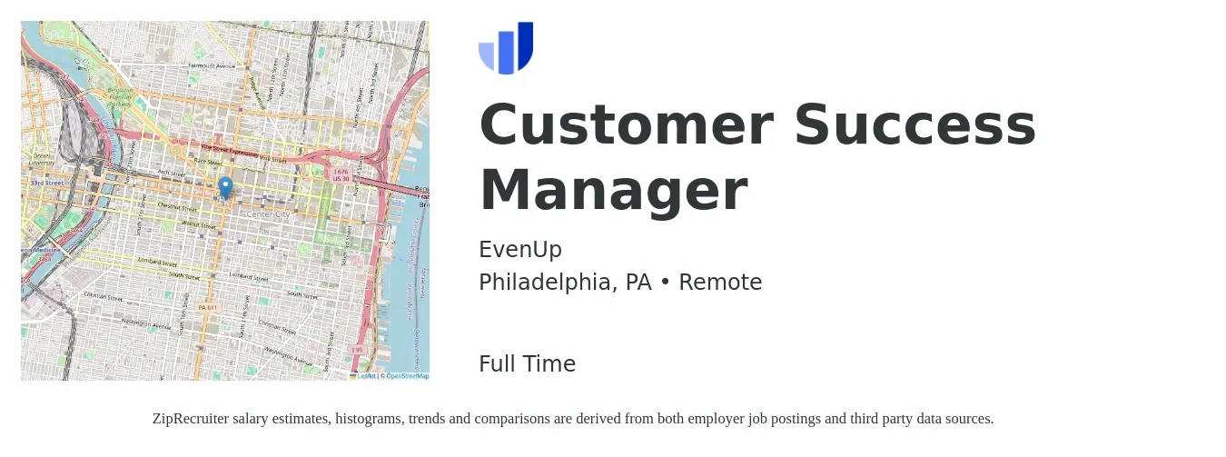 EvenUp job posting for a Customer Success Manager in Philadelphia, PA with a salary of $60,000 to $99,900 Yearly with a map of Philadelphia location.
