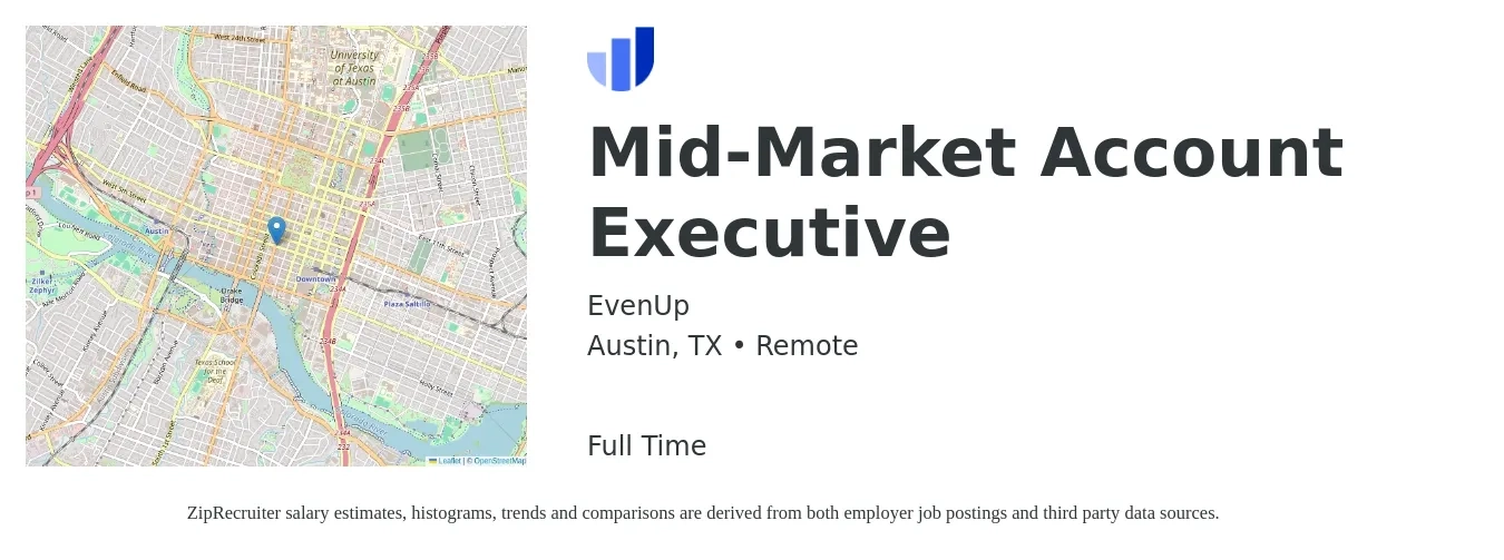 EvenUp job posting for a Mid-Market Account Executive in Austin, TX with a salary of $53,500 to $94,200 Yearly with a map of Austin location.