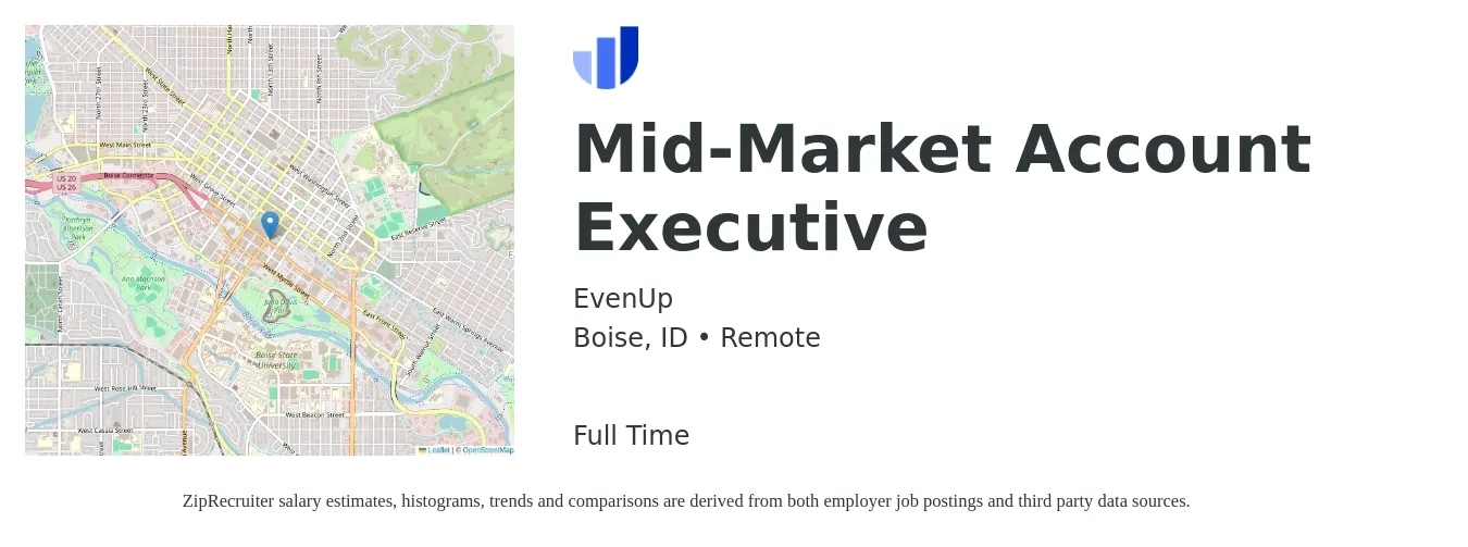 EvenUp job posting for a Mid-Market Account Executive in Boise, ID with a salary of $51,400 to $90,400 Yearly with a map of Boise location.
