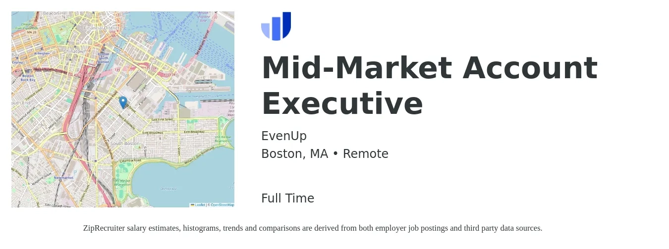 EvenUp job posting for a Mid-Market Account Executive in Boston, MA with a salary of $58,700 to $103,200 Yearly with a map of Boston location.