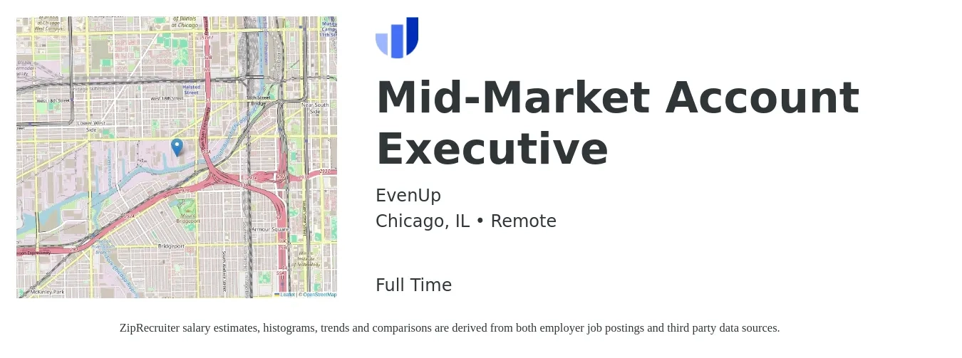 EvenUp job posting for a Mid-Market Account Executive in Chicago, IL with a salary of $55,600 to $97,900 Yearly with a map of Chicago location.