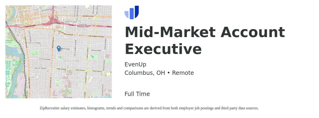 EvenUp job posting for a Mid-Market Account Executive in Columbus, OH with a salary of $52,200 to $91,800 Yearly with a map of Columbus location.