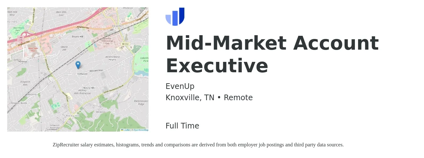 EvenUp job posting for a Mid-Market Account Executive in Knoxville, TN with a salary of $51,500 to $90,700 Yearly with a map of Knoxville location.