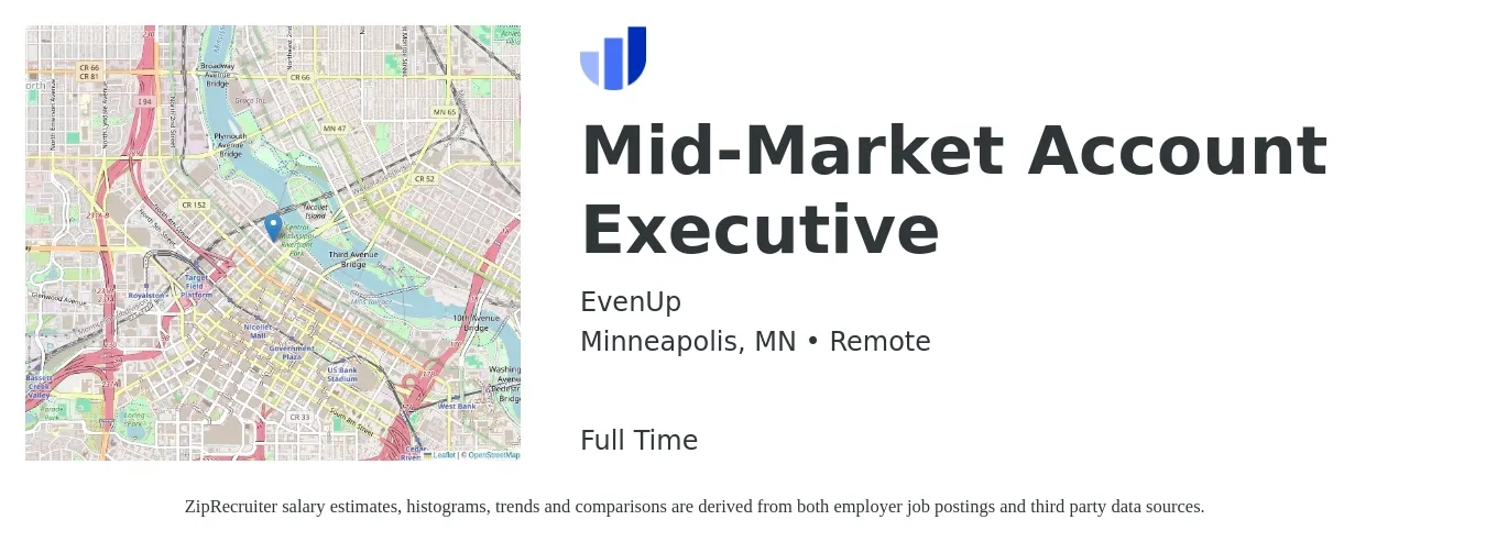 EvenUp job posting for a Mid-Market Account Executive in Minneapolis, MN with a salary of $56,400 to $99,200 Yearly with a map of Minneapolis location.