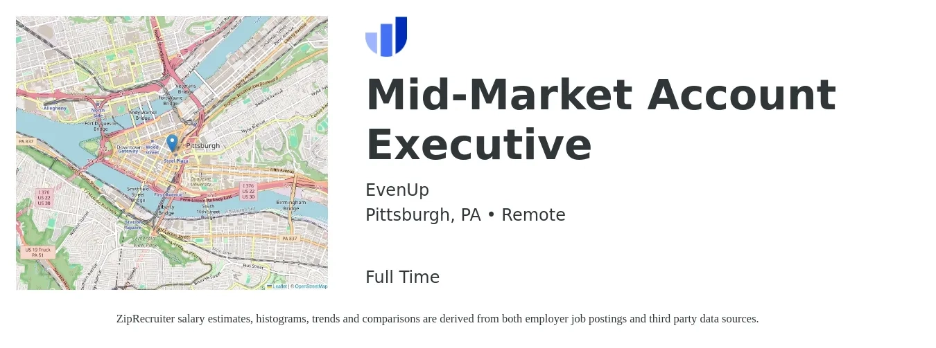 EvenUp job posting for a Mid-Market Account Executive in Pittsburgh, PA with a salary of $52,400 to $92,200 Yearly with a map of Pittsburgh location.